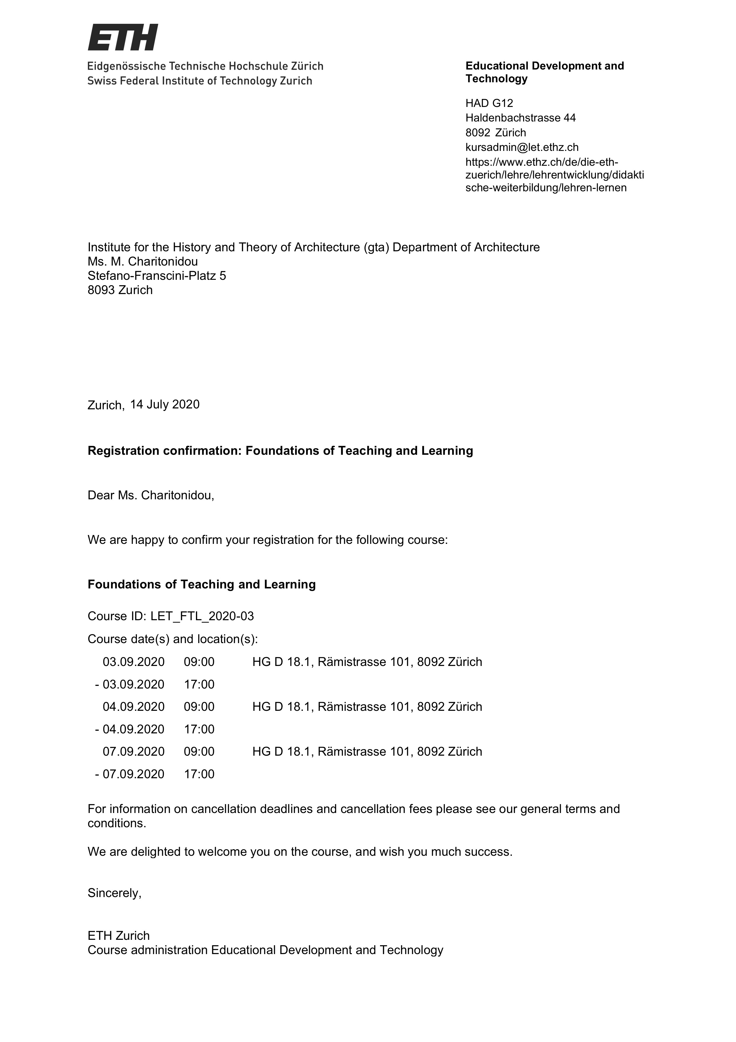Teilnehmer Anmeldebestätigung